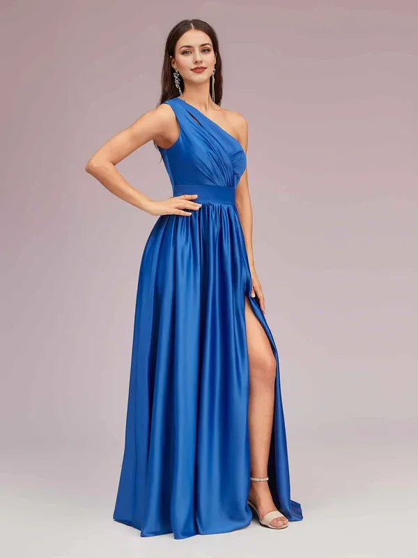 Robe Weitese unique, robe longue asymétrique à une épaule, fente latérale, satin doux, robes de bal plissées pour remise de diplôme